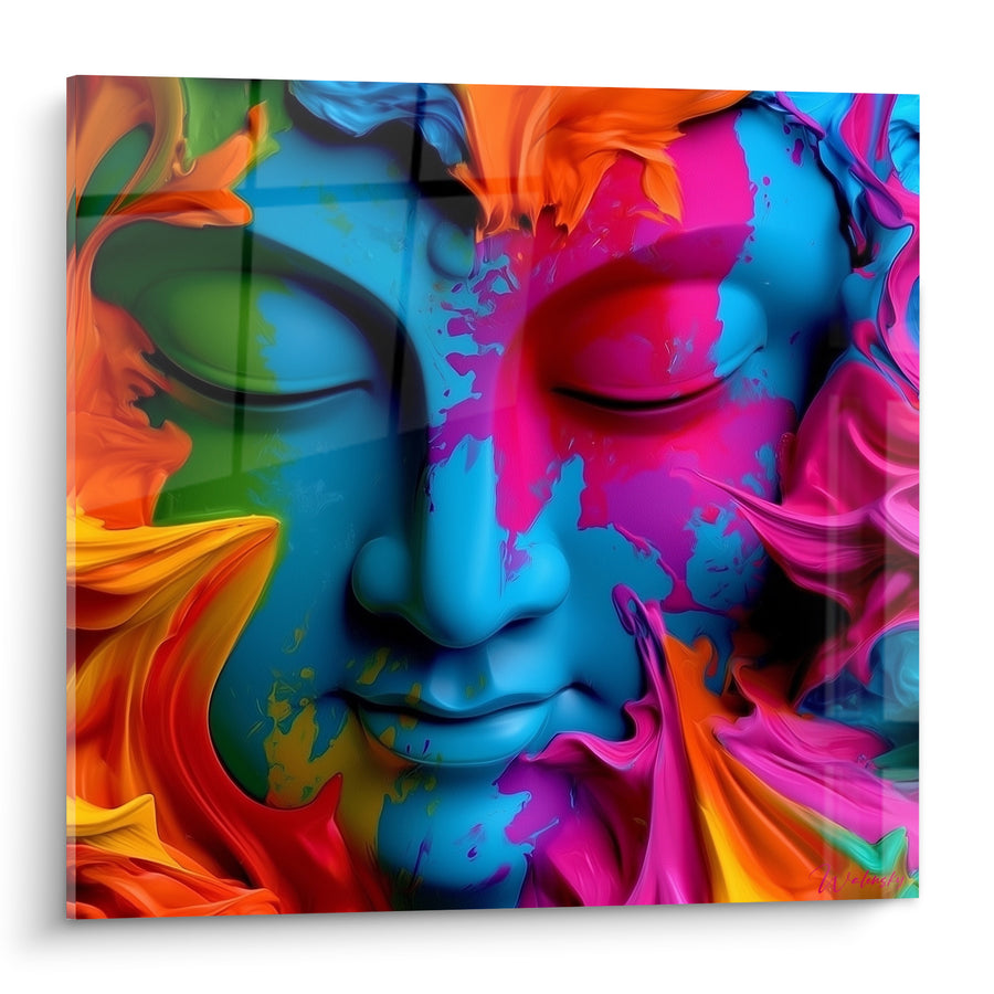 Tableau Visage bleu et fuchsia aux flammes orangées - Éclaboussures multicolores en fusion - Edition Bouddha