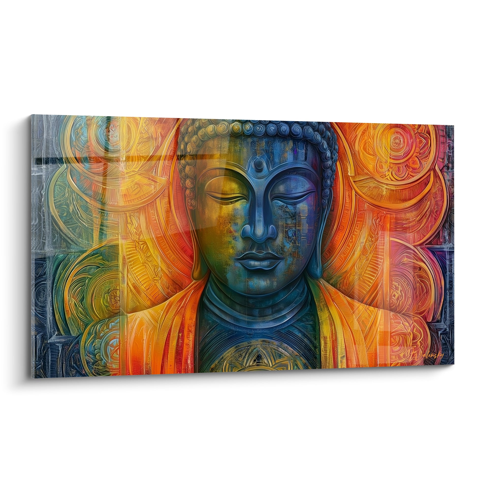 Visage du Bouddha bleu nuit et safran entouré de mandalas dorés en relief, yeux clos sereins