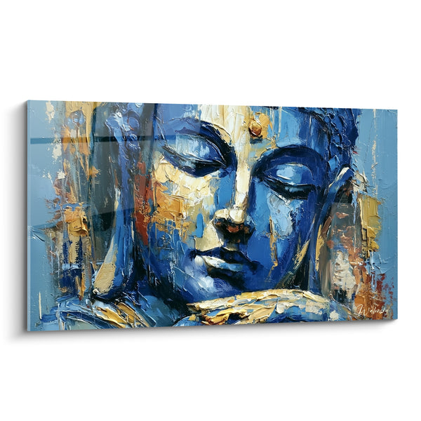 Blue and Gold Face Painting with Vertical Streaks - Knife Impasto Edition Buddha