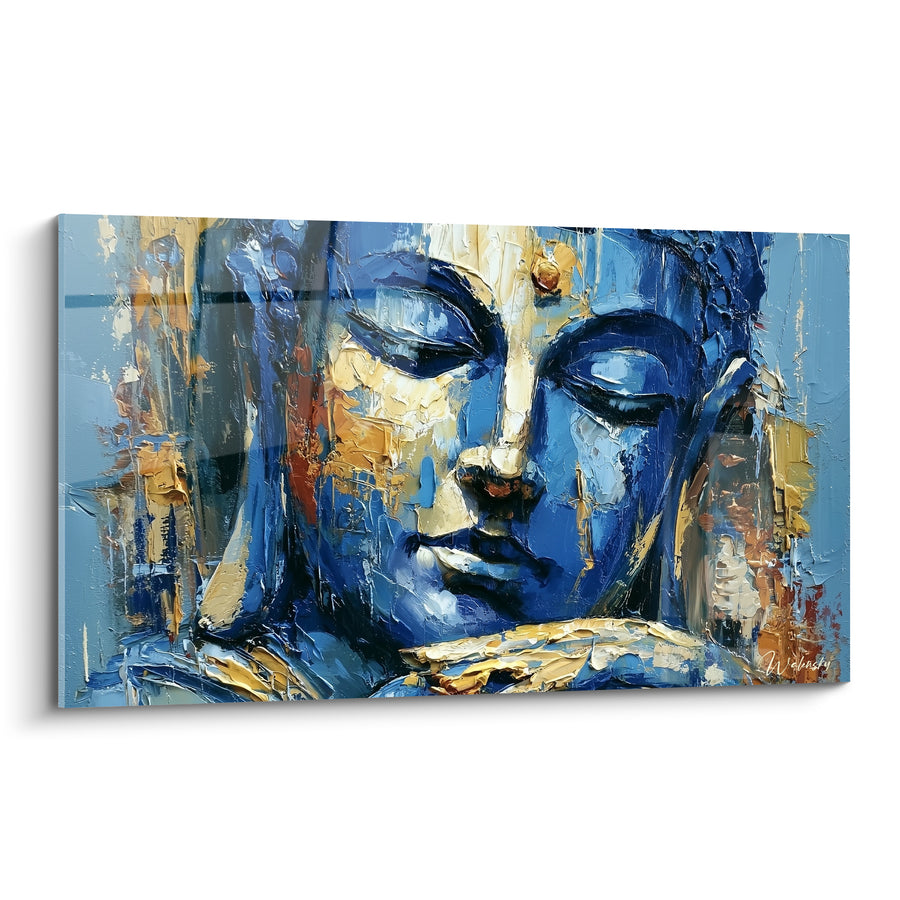 Tableau Visage bleu et doré aux traînées verticales - Empâtements au couteau - Edition Bouddha