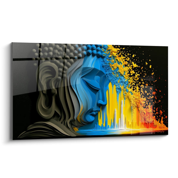 Blue and Yellow Face Painting with Urban Silhouette - Miniature White Skyscraper - Buddha Edition