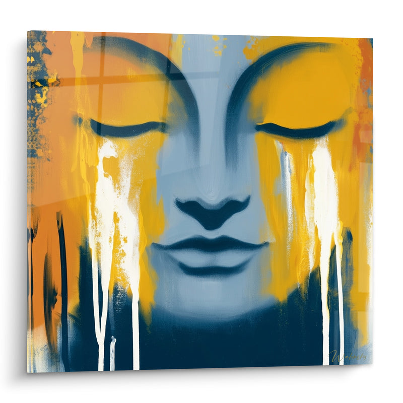 Tableau Visage jaune et bleu aux coulures blanches - Larmes de peinture blanche - Edition Bouddha