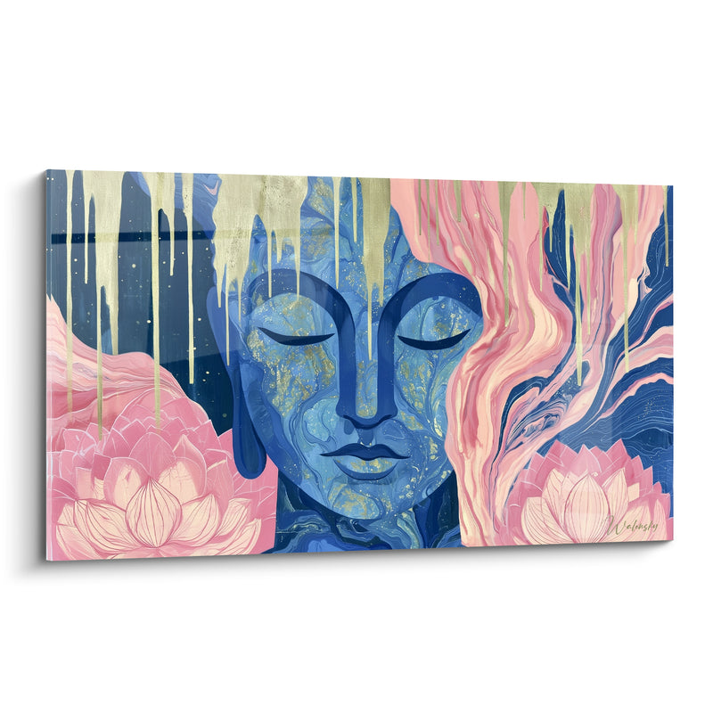 Tableau Visage bleu et rose aux lotus roses - Coulures d'or fondu - Edition Bouddha