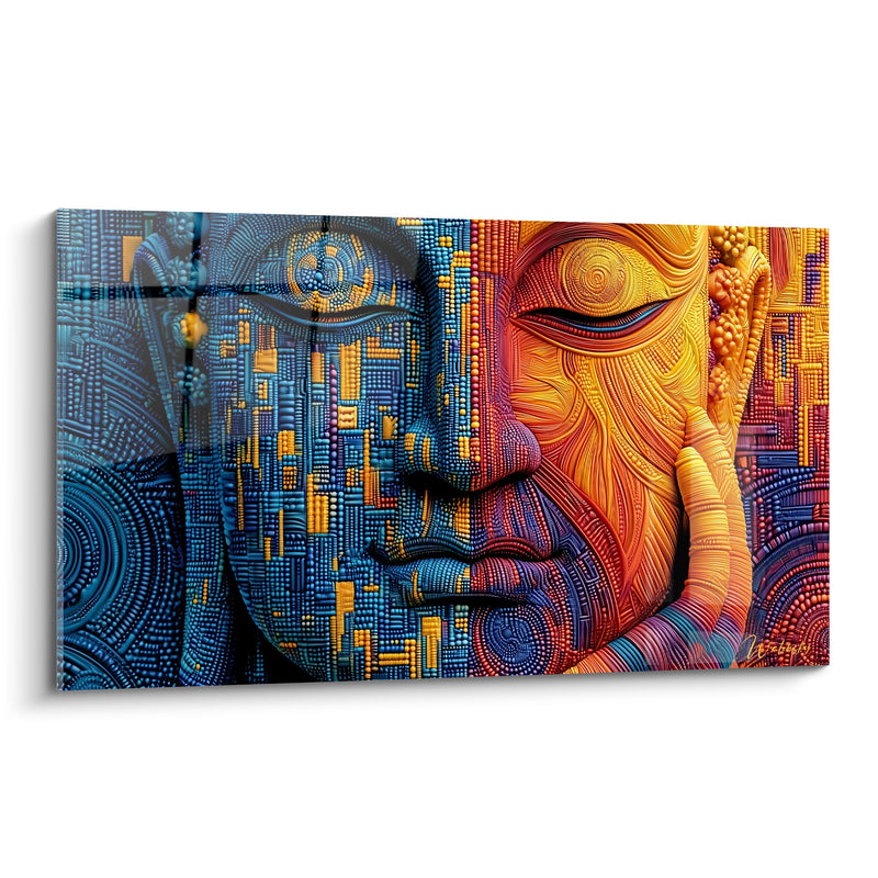 Tableau Visage bleu et orange aux motifs urbains - Fusion entre deux mondes - Edition Bouddha