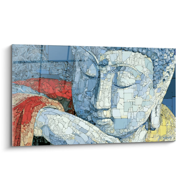 Fragmented Blue and Red Sleeping Face Painting - Serene Sleep - Buddha Edition