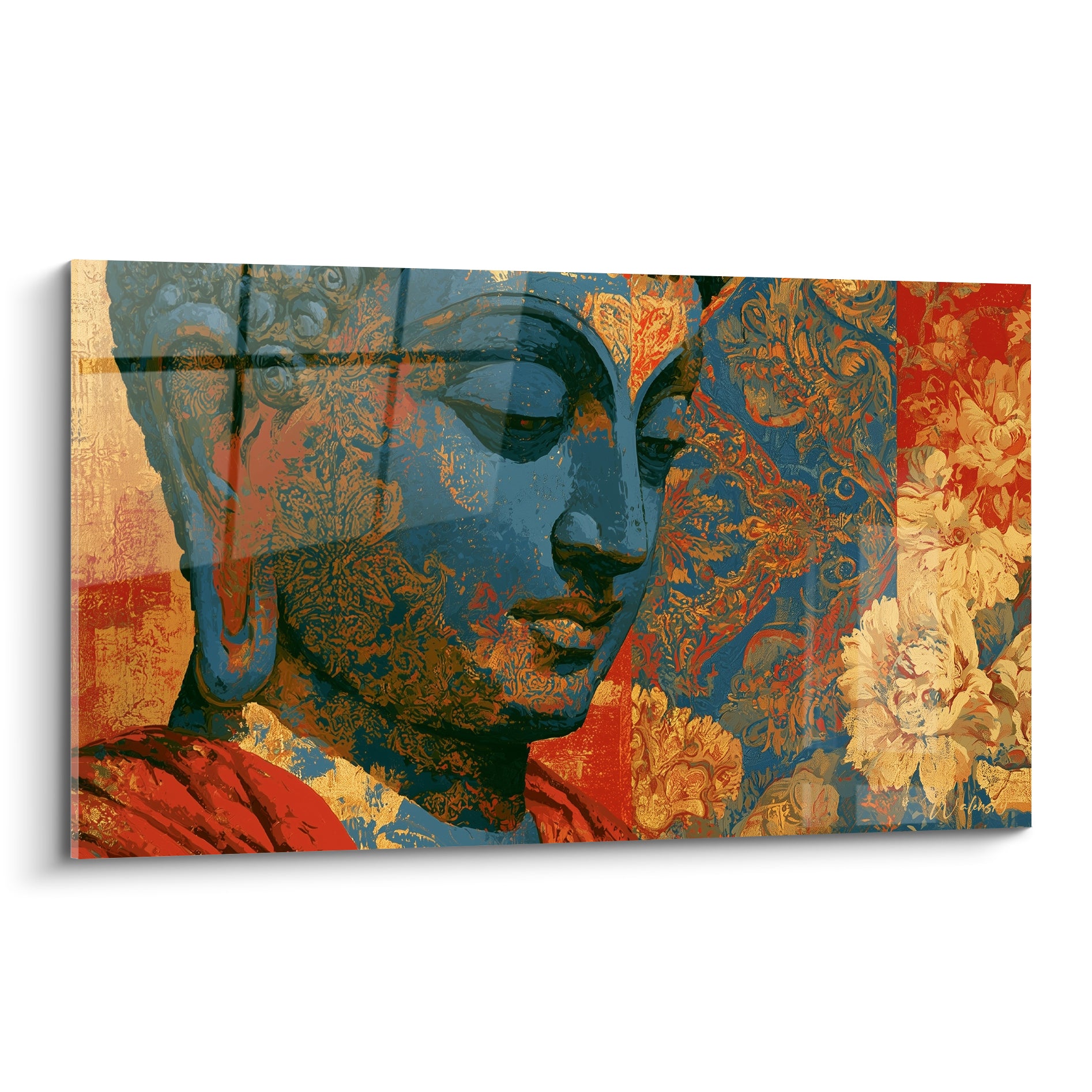 Bouddha au visage bleu profond et doré, yeux clos, motifs floraux terracotta en arrière-plan