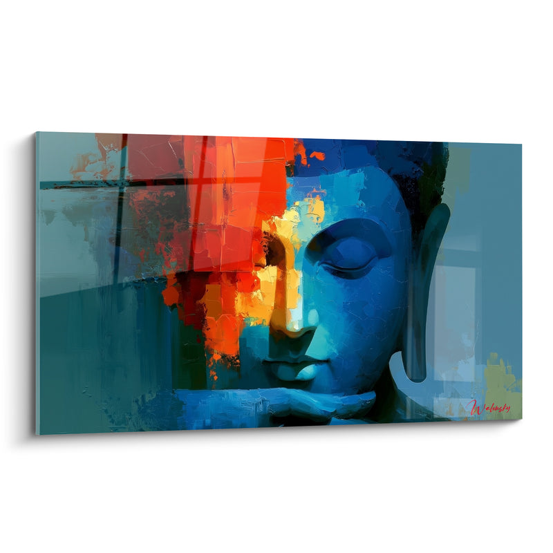 Tableau Visage bleu et rouge aux fenêtres croisées - Main sous le menton - Edition Bouddha