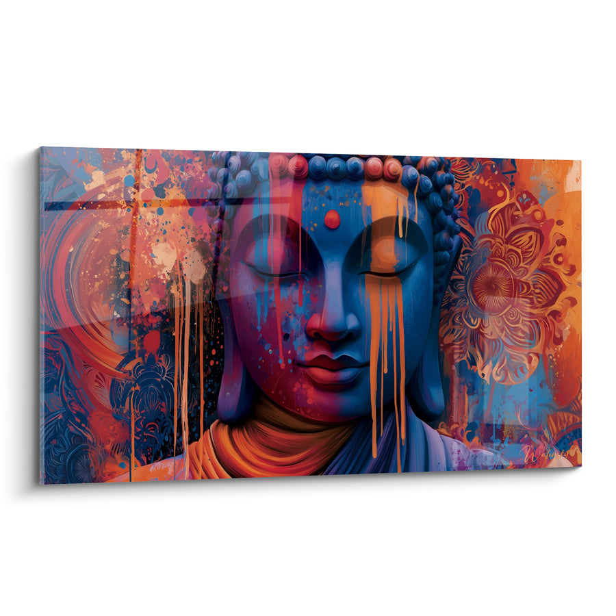 Tableau Visage bleu et orange aux mandalas gravés - Point rouge frontal - Edition Bouddha