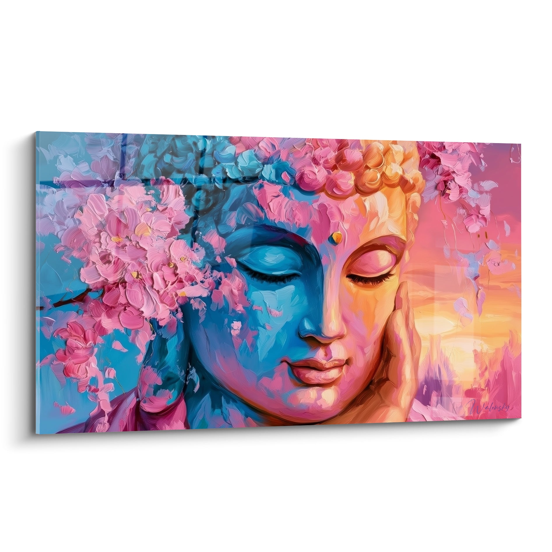 Bouddha au visage bleu et orangé, paupières closes, entouré de fleurs roses en pleine floraison