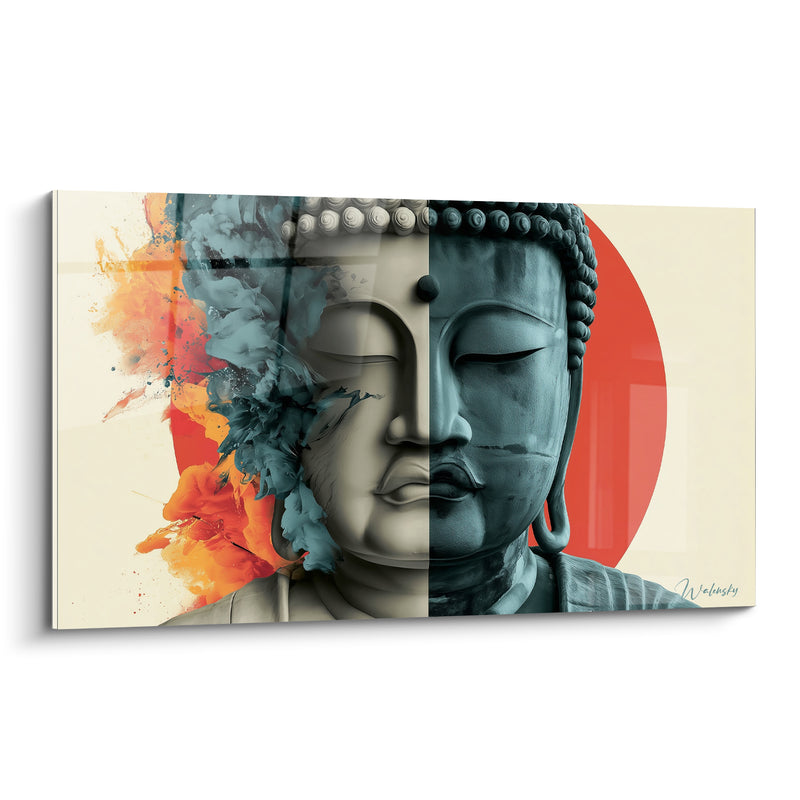 Tableau Visage bicolore gris et bleu pétrole aux éclaboussures orangées - Disque rouge en fond - Edition Bouddha