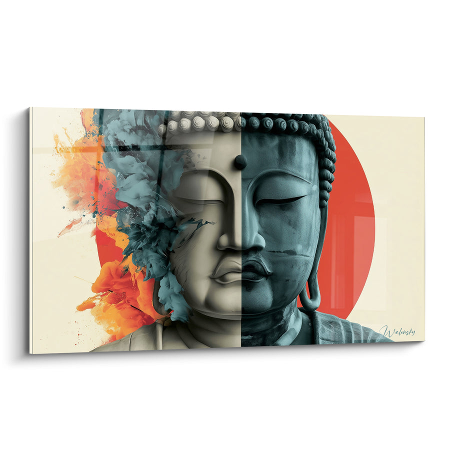 Tableau Visage bicolore gris et bleu pétrole aux éclaboussures orangées - Disque rouge en fond - Edition Bouddha