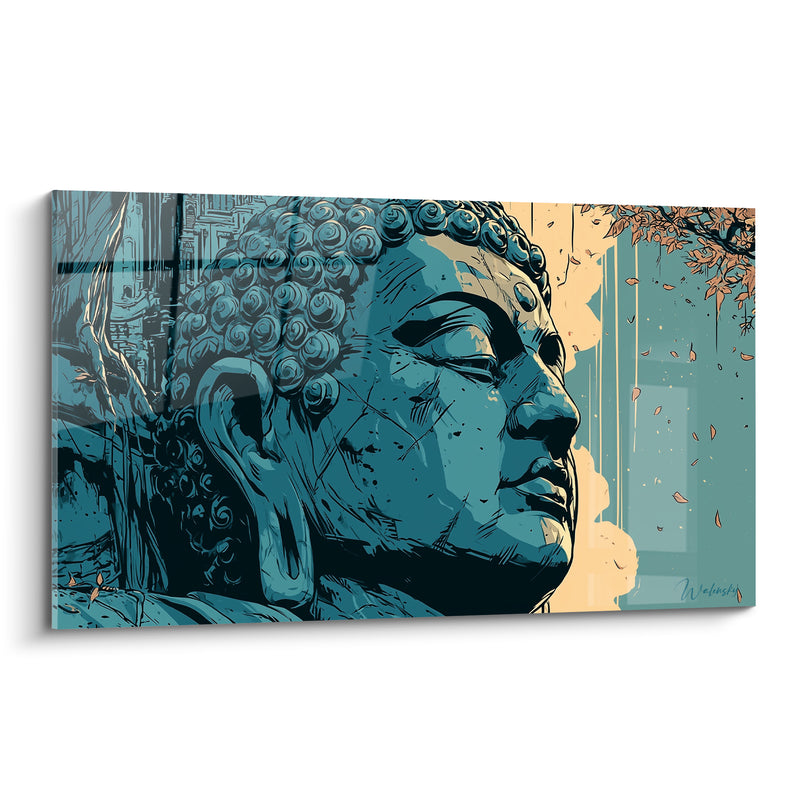 Tableau Visage bleu pétrole et feuilles ocre tombantes - Silence contemplatif - Edition Bouddha