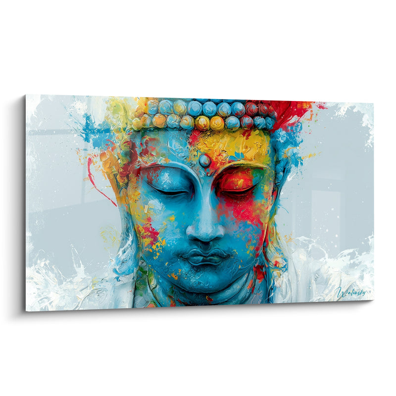 Tableau Visage bleu et rouge aux perles jaunes - Éclaboussures d'écume blanche - Edition Bouddha