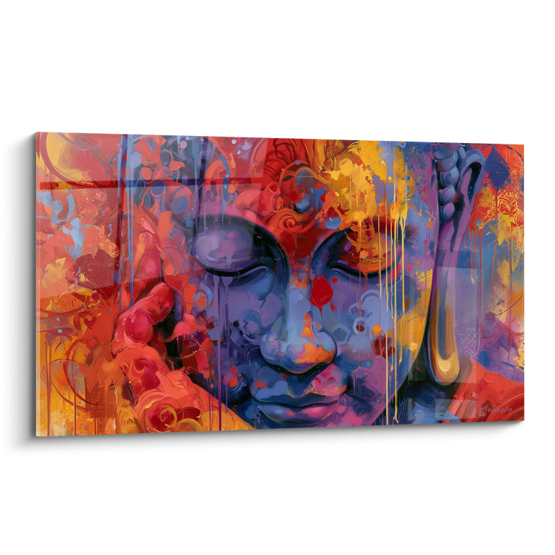 Tableau Visage bleu et rouge à la main posée sur la joue - Coulures de peinture dorée - Edition Bouddha