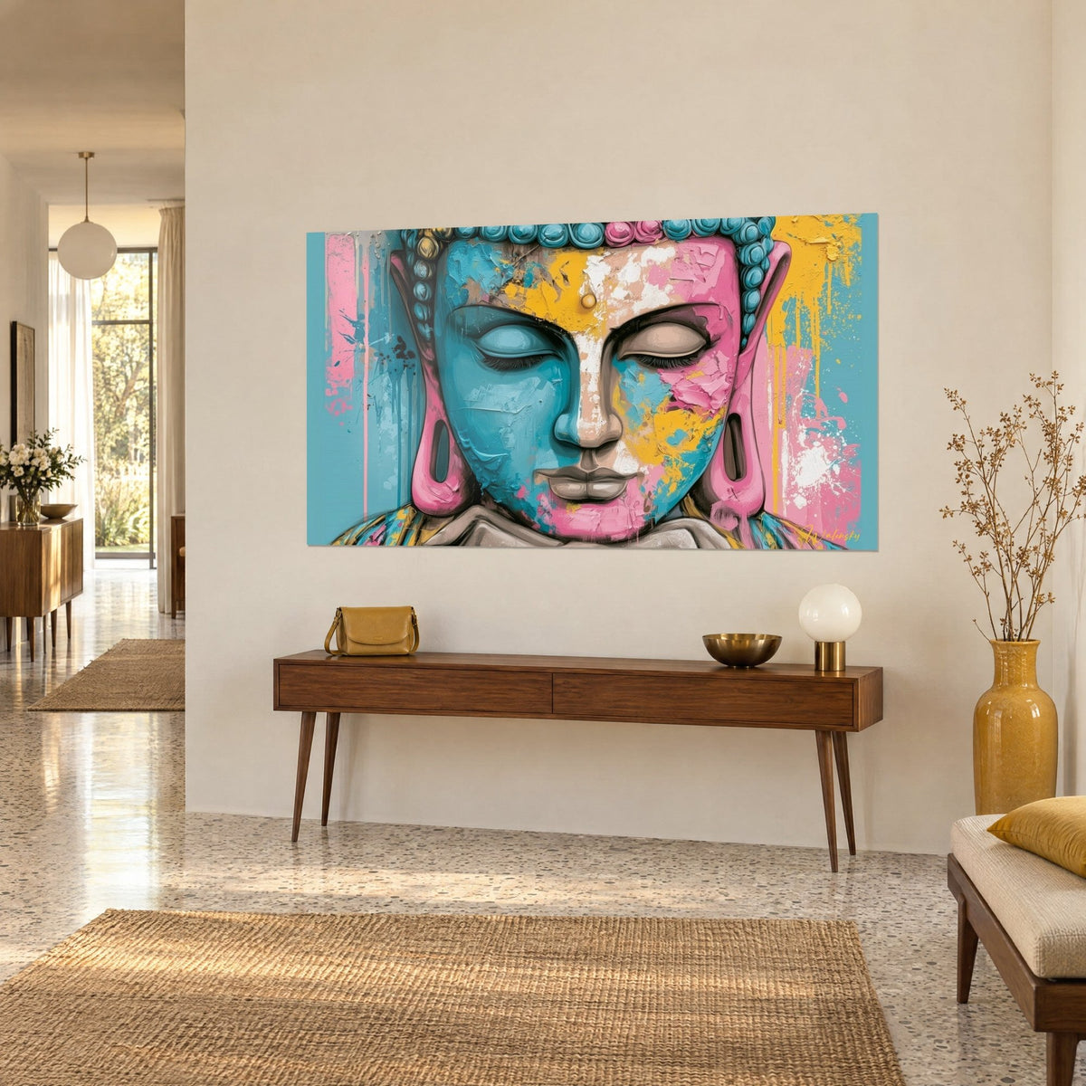 Tableau visage de Bouddha serein en turquoise, rose et jaune moutarde, coulures verticales, accroché au-dessus d'une console en bois sombre