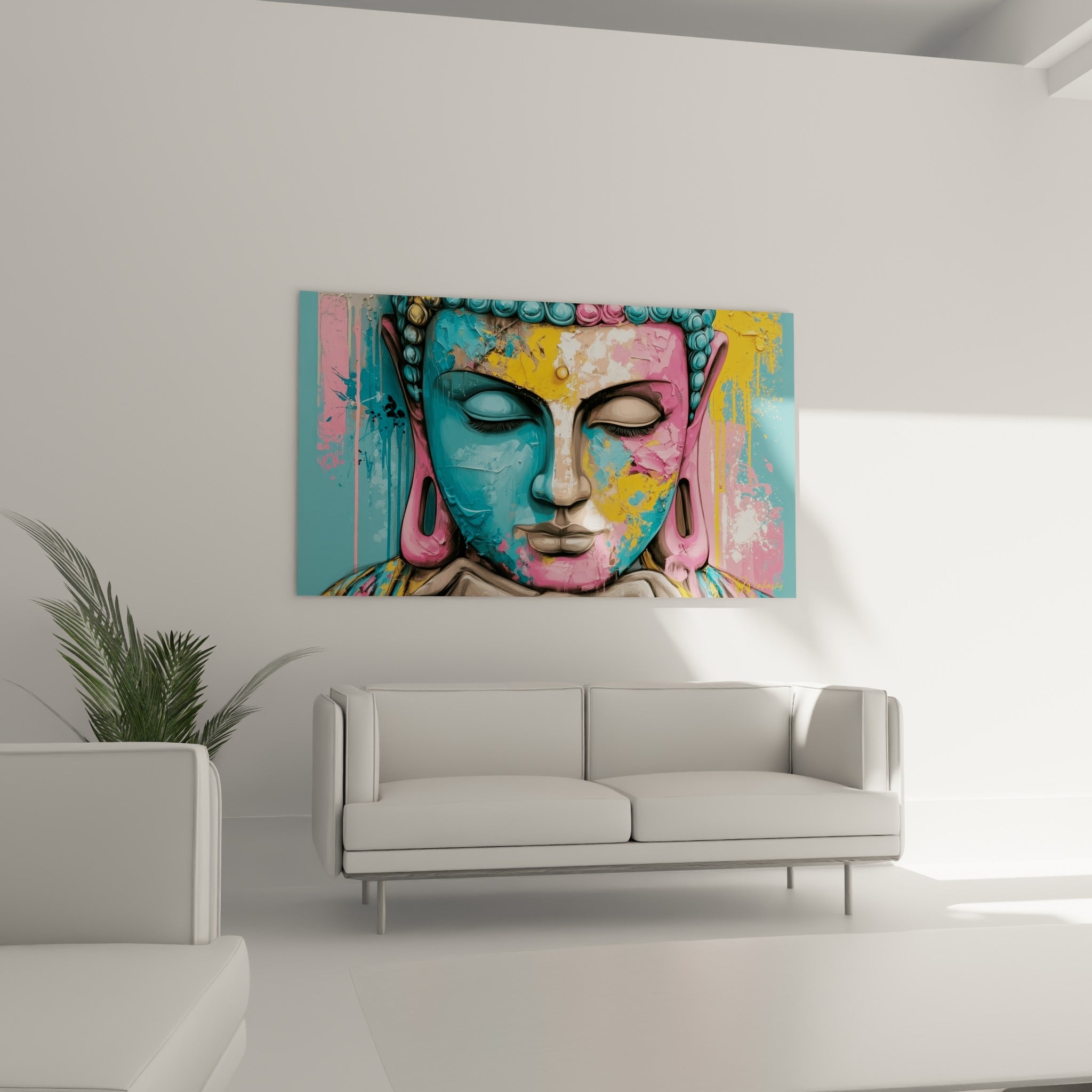 Méditation colorée du Bouddha en turquoise et fuchsia avec touches jaune doré, au-dessus d'un canapé dans un salon lumineux