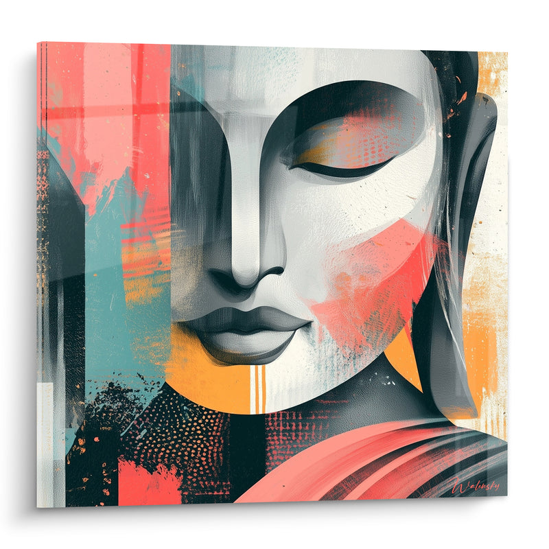 Tableau Visage blanc et corail aux pointillés dorés - Fond en collage pop - Edition Bouddha