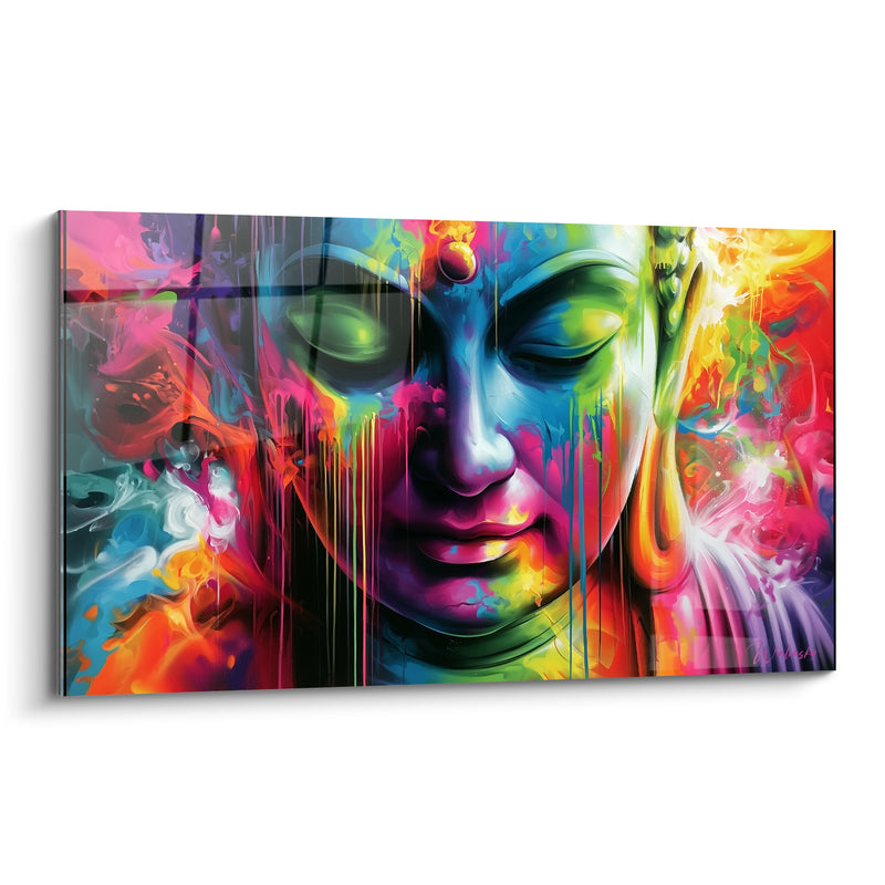 Tableau Visage vert et bleu aux longues coulures dégoulinantes - Oreille allongée dorée - Edition Bouddha