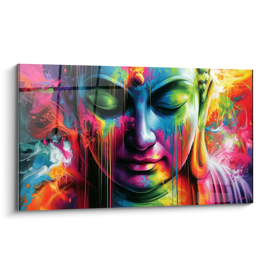 Tableau Visage vert et bleu aux longues coulures dégoulinantes - Oreille allongée dorée - Edition Bouddha