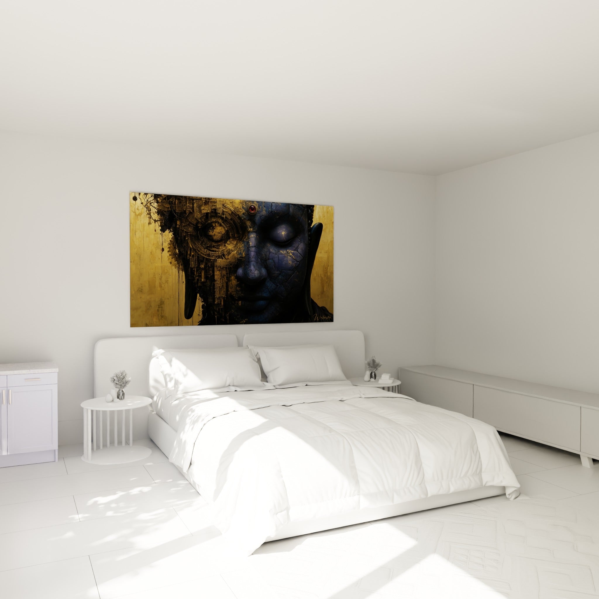 Visage de Bouddha bleu marine et doré, yeux clos, accroché au-dessus d'un lit dans une chambre claire