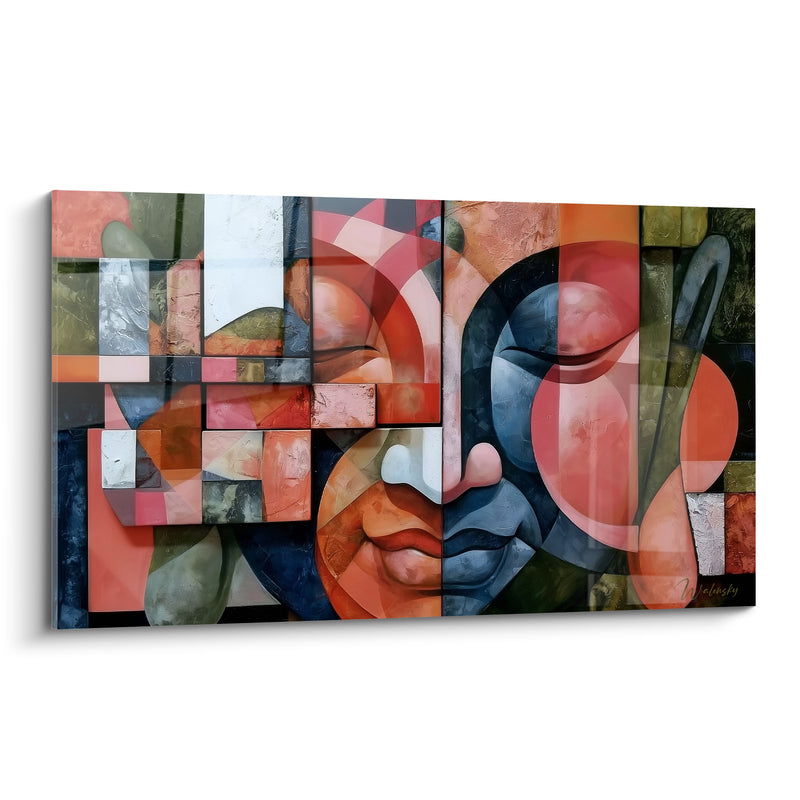 Tableau Visage corail et anthracite aux blocs mosaïques - Main aux doigts levés - Edition Bouddha