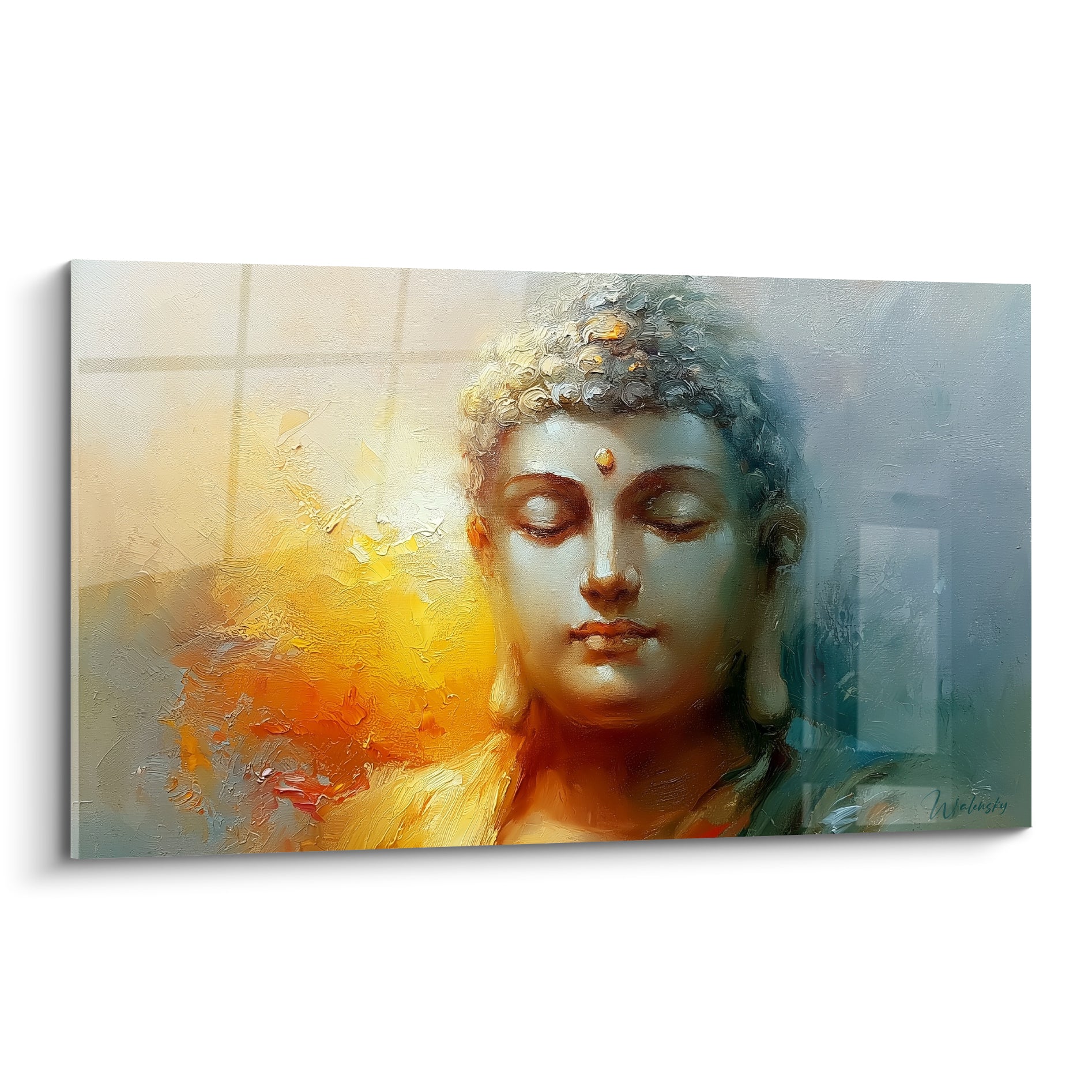 Visage de Bouddha aux yeux clos, empâtements dorés et anthracite, expression sereine et méditative