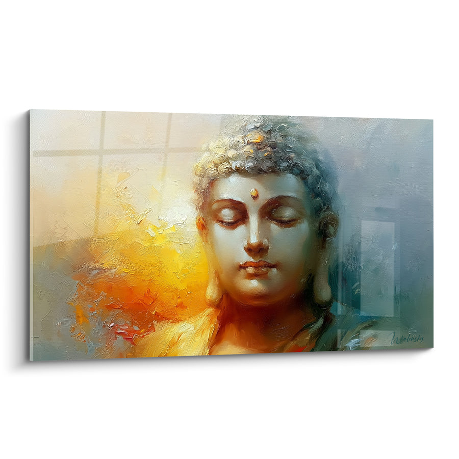 Tableau Visage gris et jaune au grillage vitré - Perle frontale ambrée - Edition Bouddha