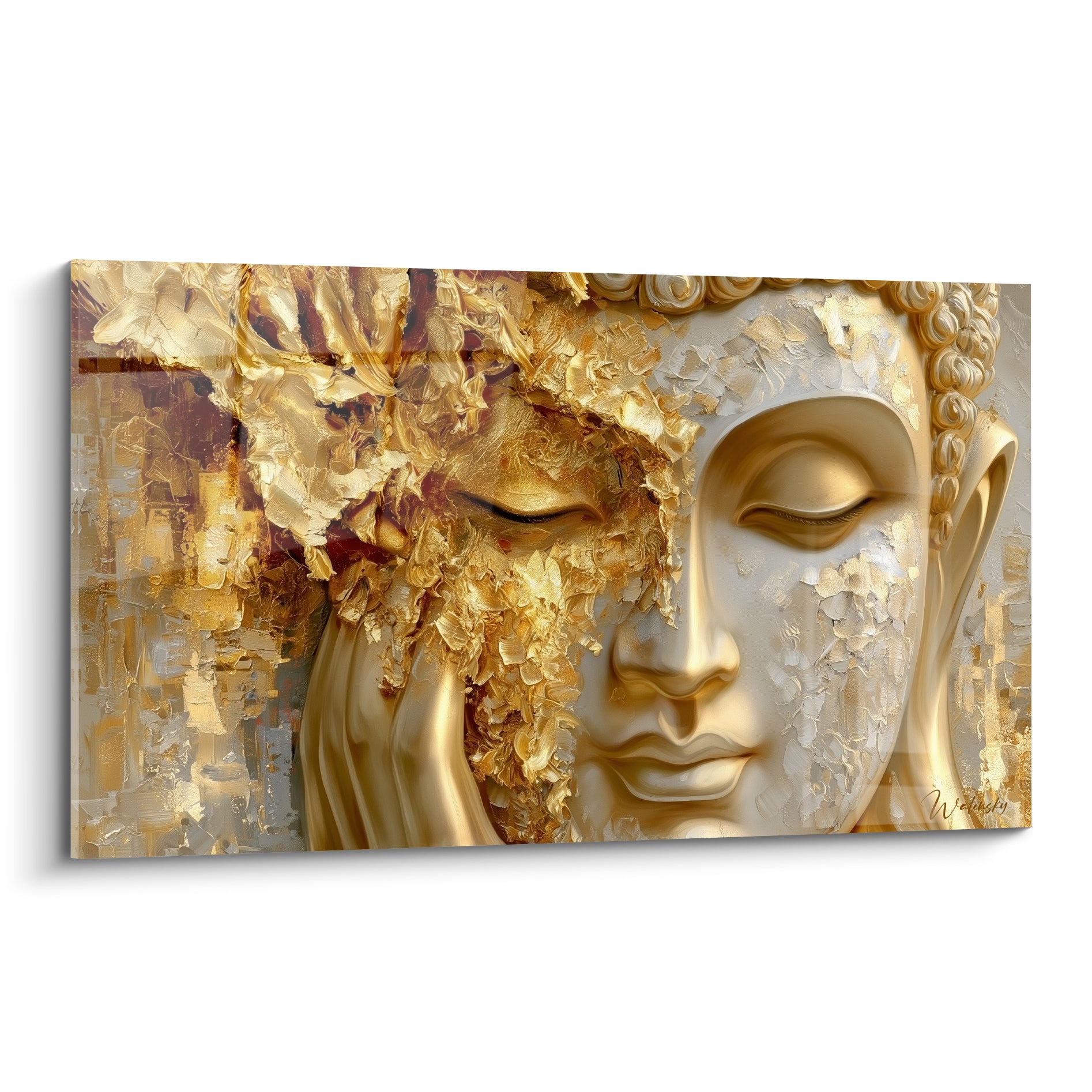 Bouddha au visage doré et blanc craquelé, paupières closes, matière sculptée en relief épais