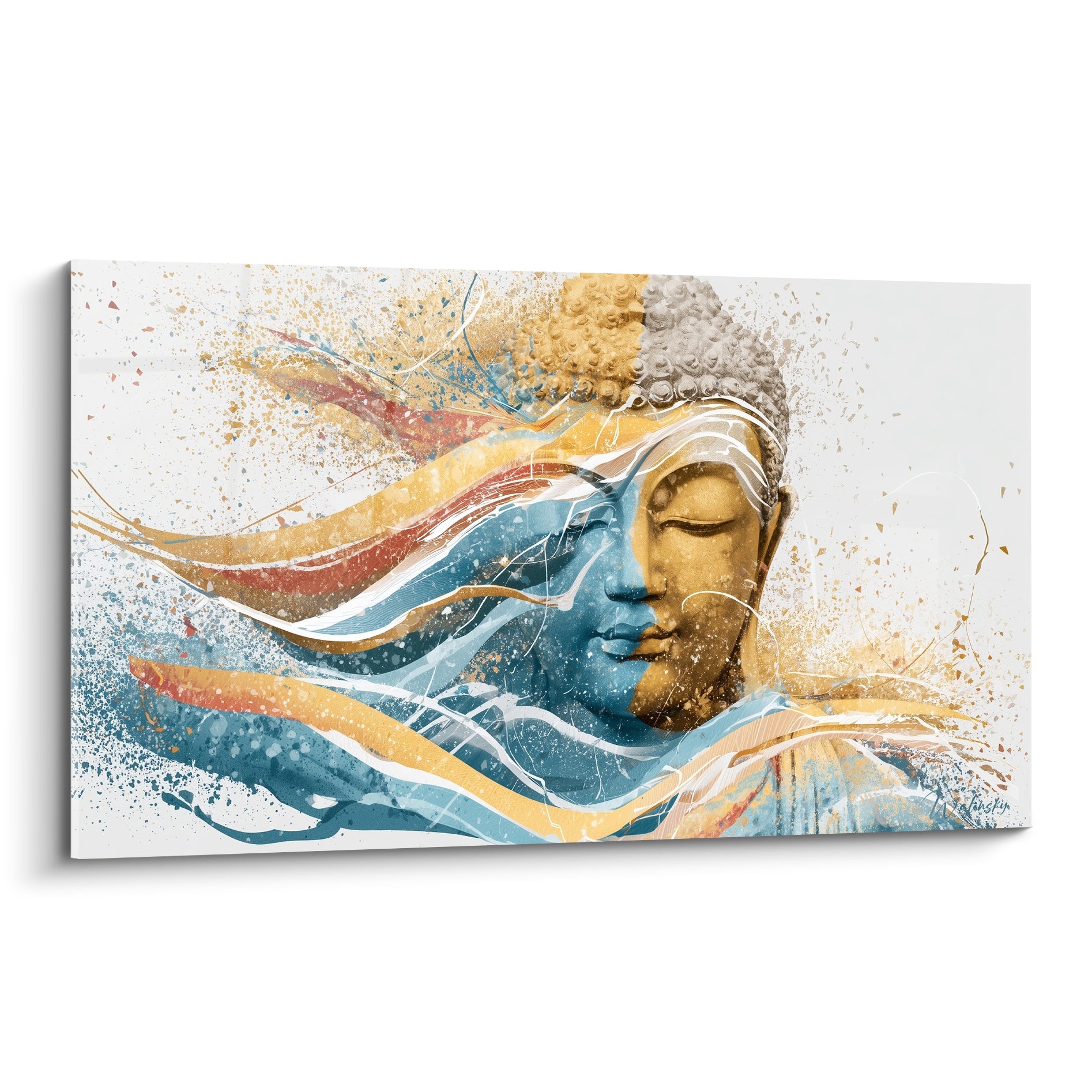 Bouddha au visage doré et bleu marine, yeux clos, traversé de vagues ocre et rouge éclaboussées