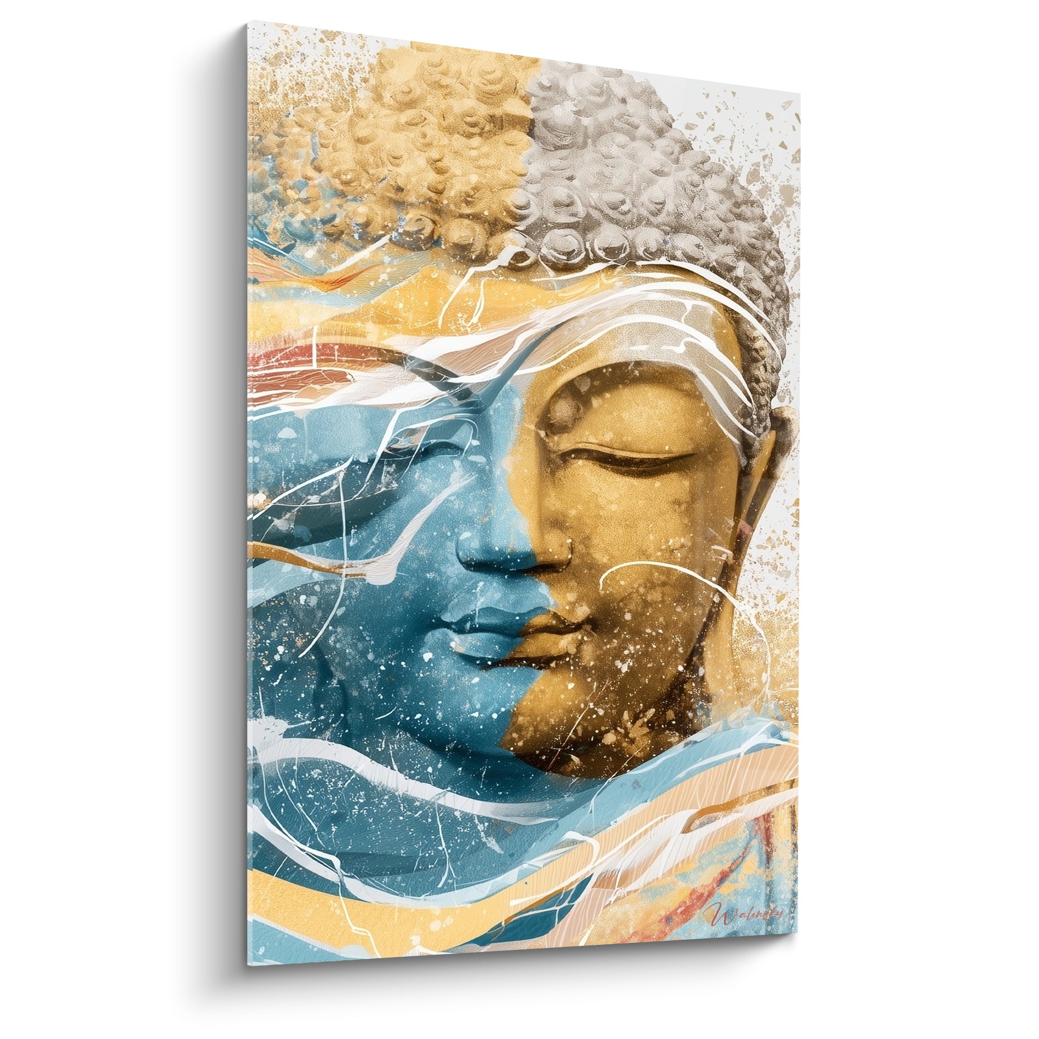 Bouddha au visage doré et bleu pétrole, yeux clos, éclaboussures blanches sur toile