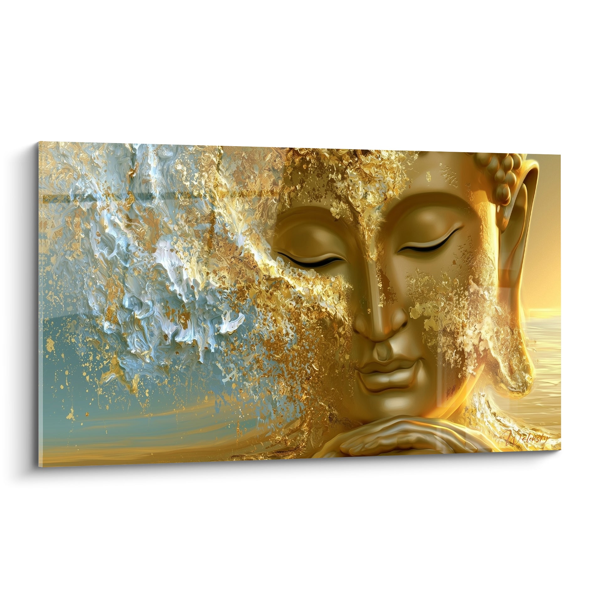 Bouddha doré aux yeux clos, éclaboussures bleu pastel et blanches en fond abstrait