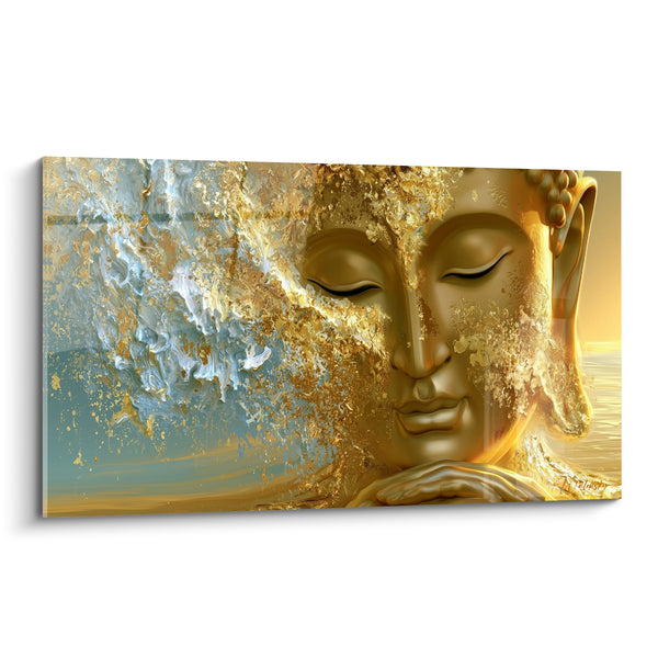 Golden Face with Pastel Blue Splatters - Serenity Found - Buddha Edition