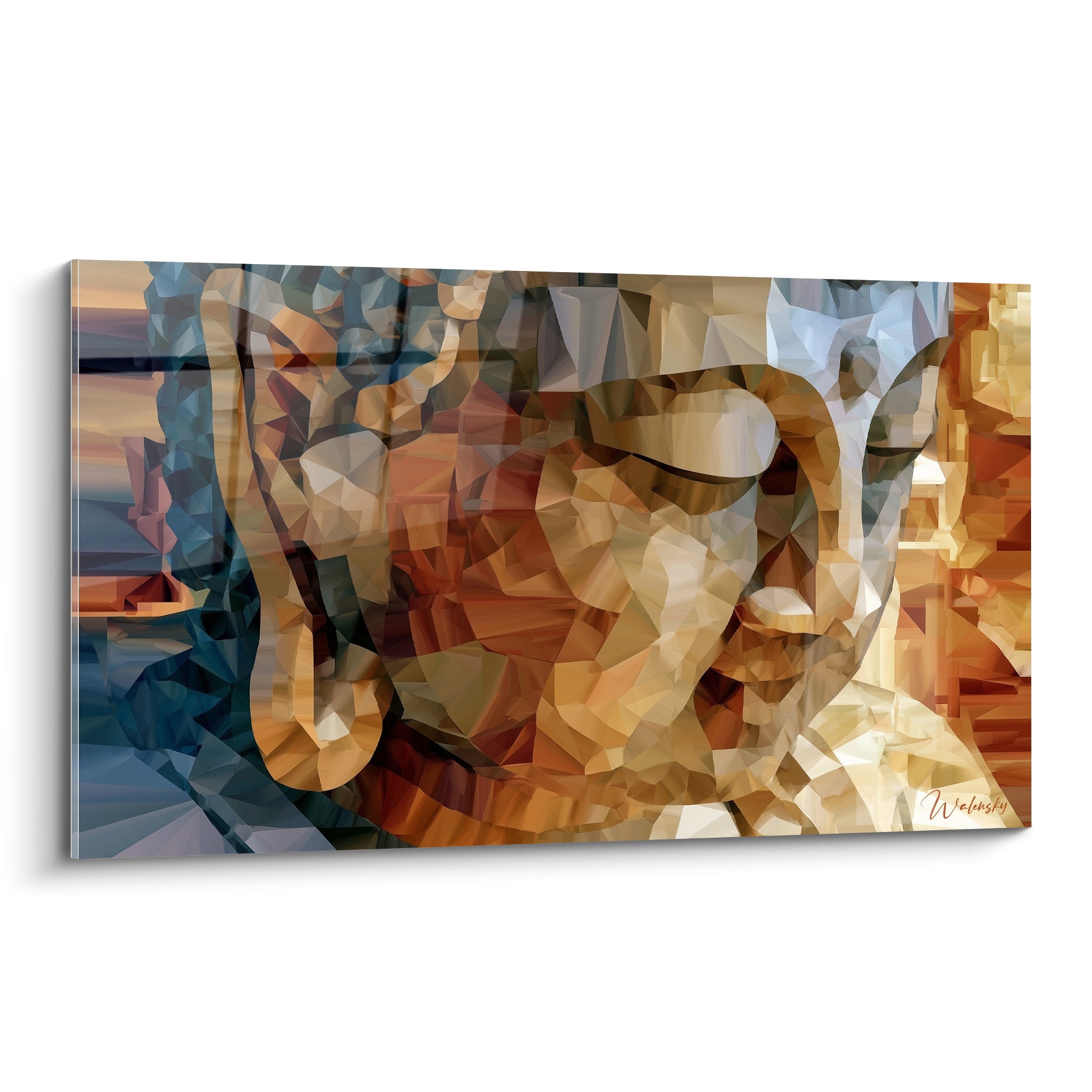 Visage de Bouddha doré et bleu ardoise aux paupières closes, style géométrique fragmenté