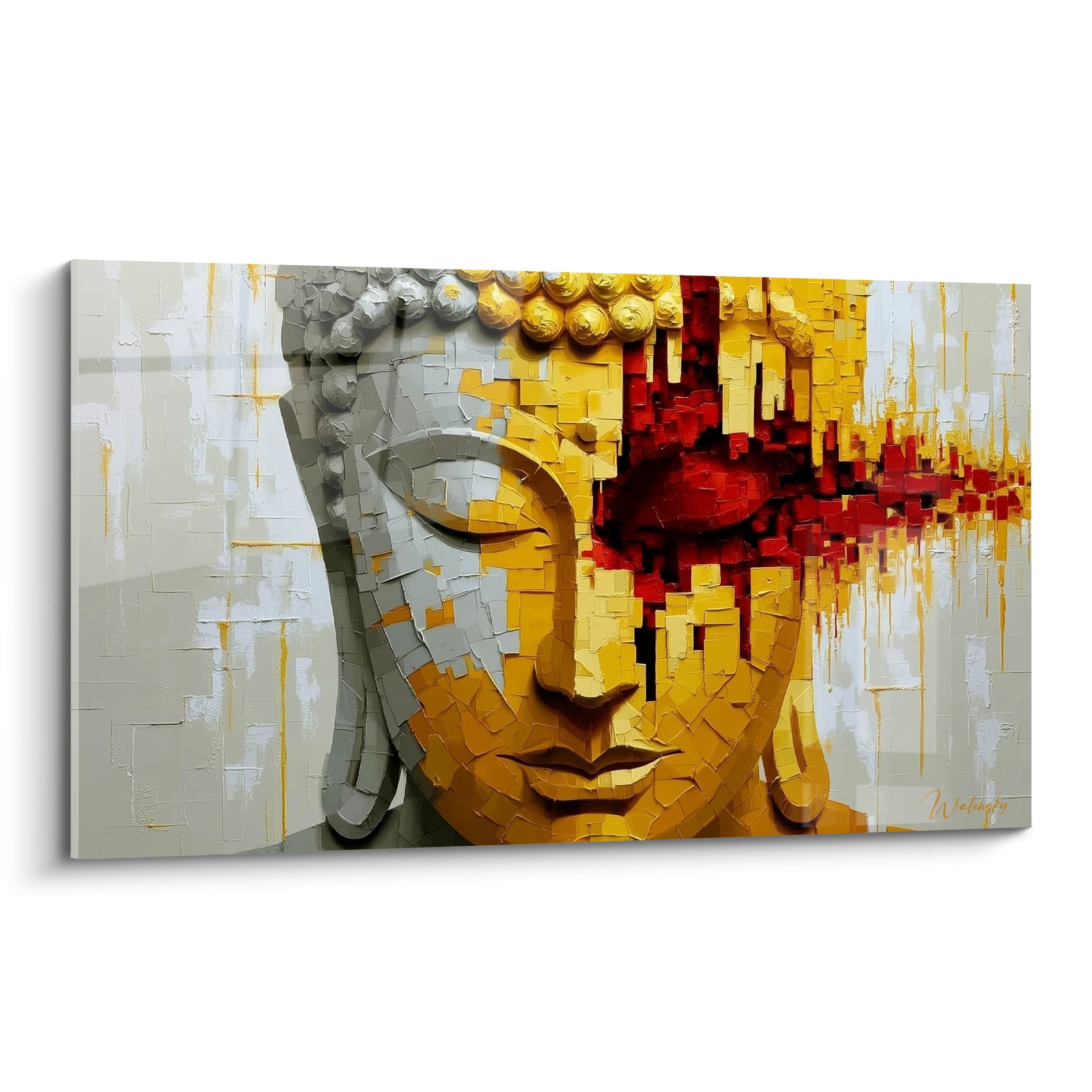 Bouddha aux yeux clos, visage gris perle et doré strié de rouge cramoisi texturé