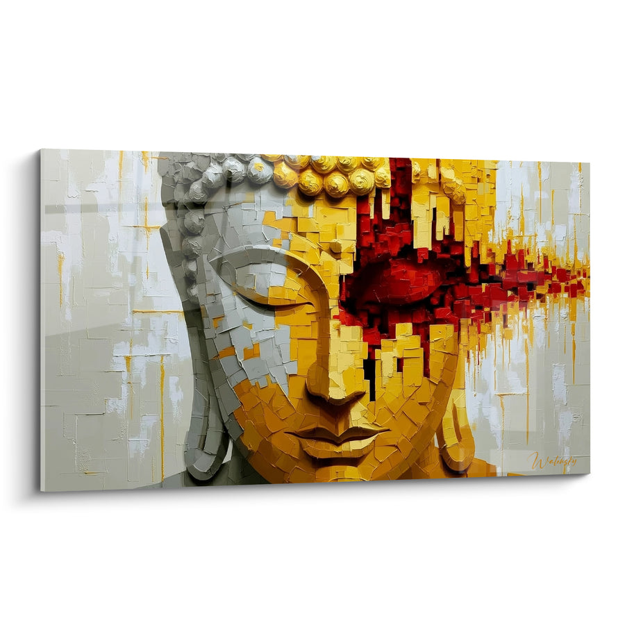 Tableau Visage doré et gris à l'œil ardent - Pixels rouges éclatés - Edition Bouddha