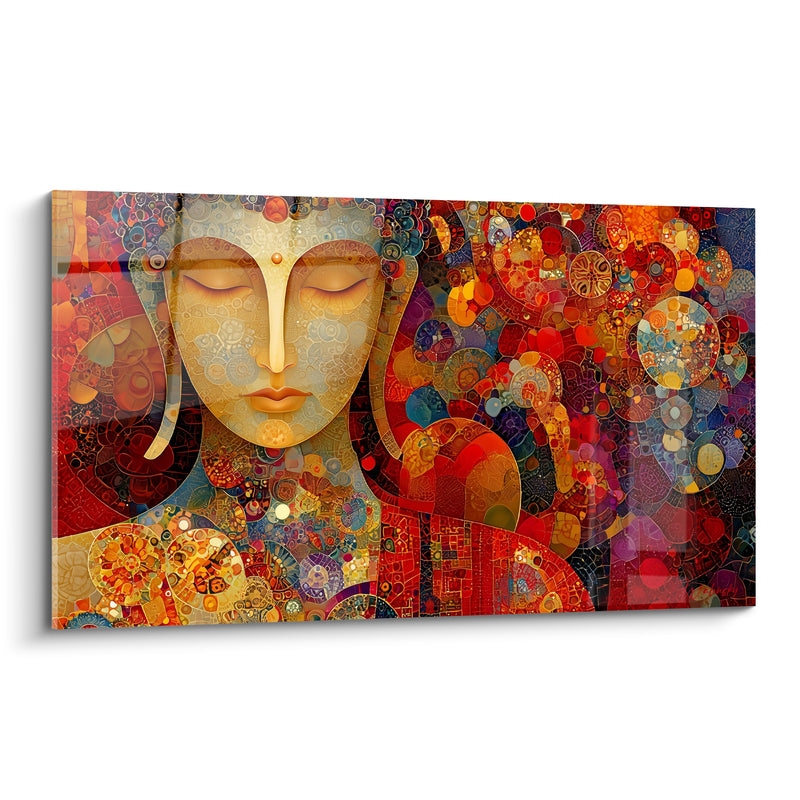 Tableau Visage doré et rouge aux mosaïques circulaires - Cercles incrustés multicolores - Edition Bouddha