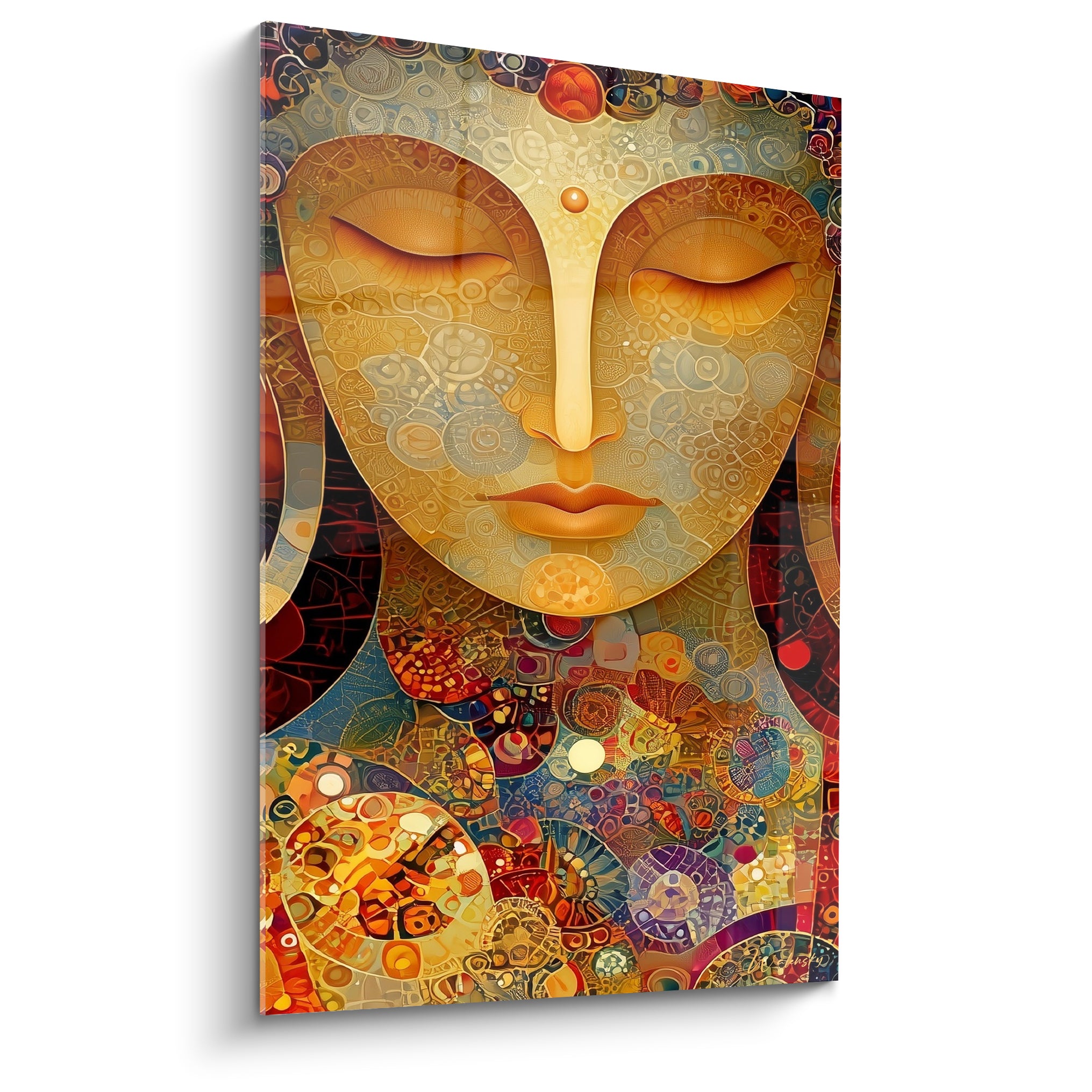 Bouddha doré aux yeux mi-clos, motifs mosaïques rouge et bleu pastel, visage serein