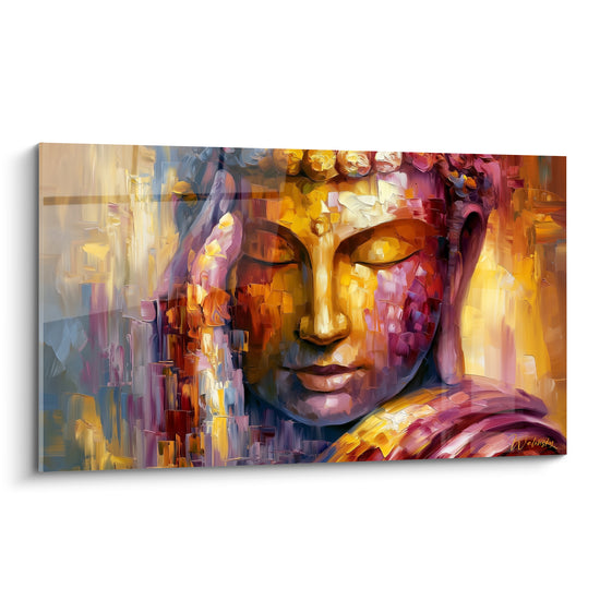 Bouddha méditant aux tons dorés et pourpres, visage texturé, empâtements picturaux expressifs