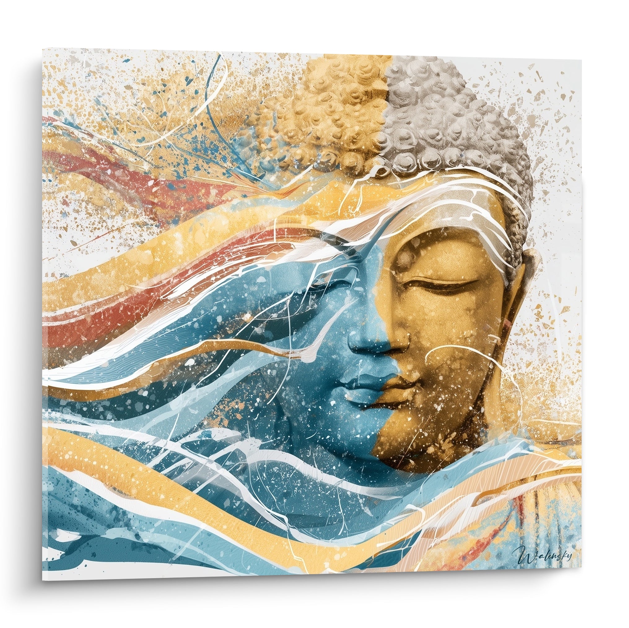 Bouddha au visage doré et bleu pétrole, yeux clos, vagues ocre en fond