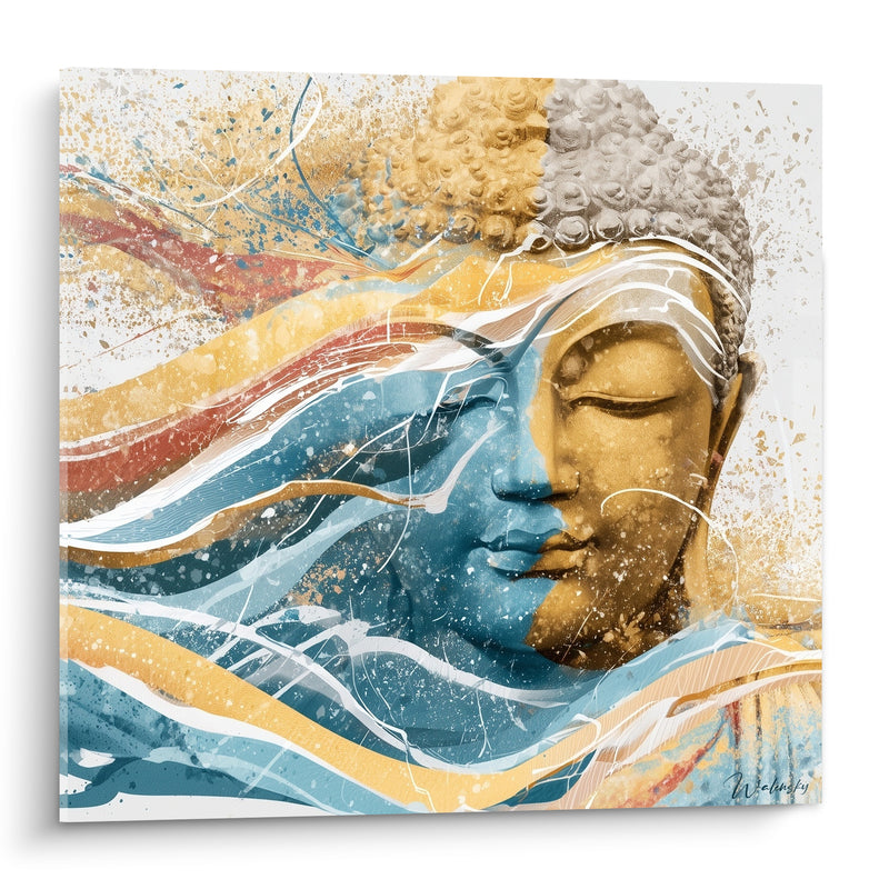 Tableau Visage doré aux vagues bleu et ocre - Fusion méditative - Edition Bouddha