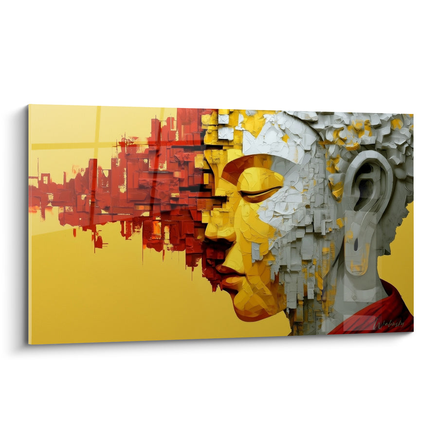 Tableau Visage doré aux éclats de ville rouge - Apaisement urbain - Edition Bouddha