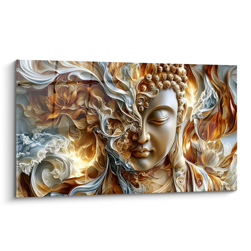 Tableau Visage doré et blanc aux volutes florales - Écume argentée latérale - Edition Bouddha