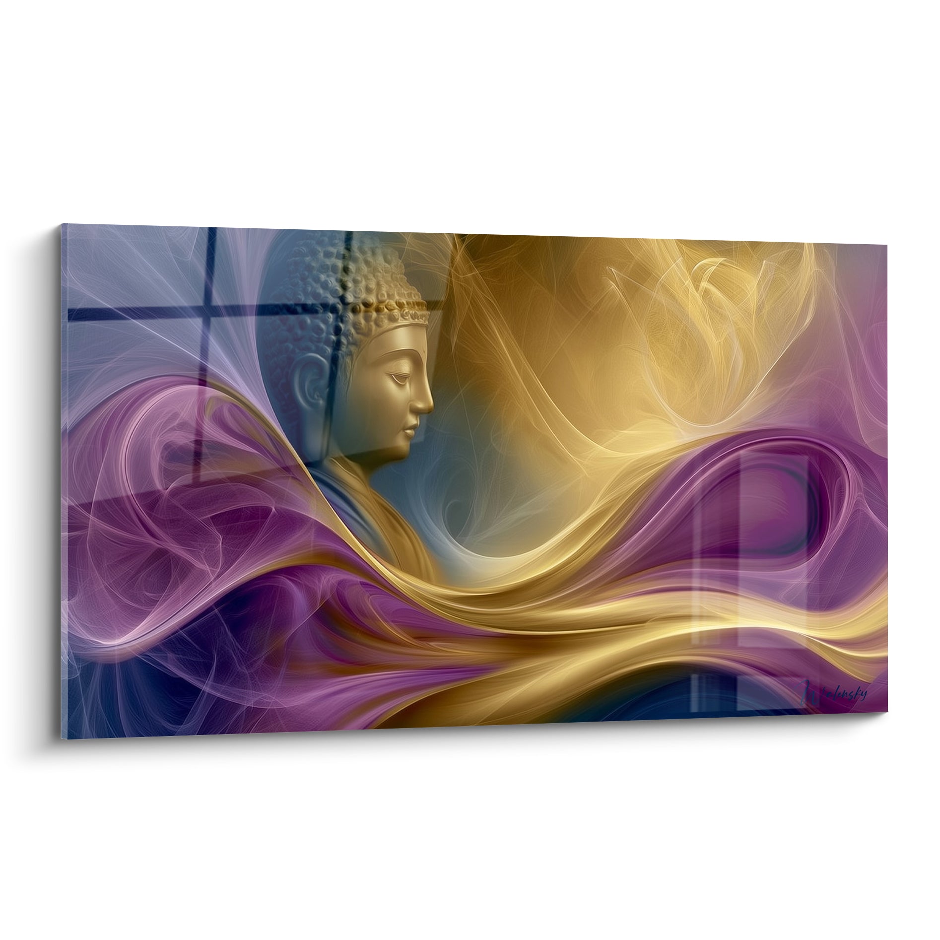 Visage de Bouddha doré émergeant de volutes violettes et bleu marine sur toile abstraite