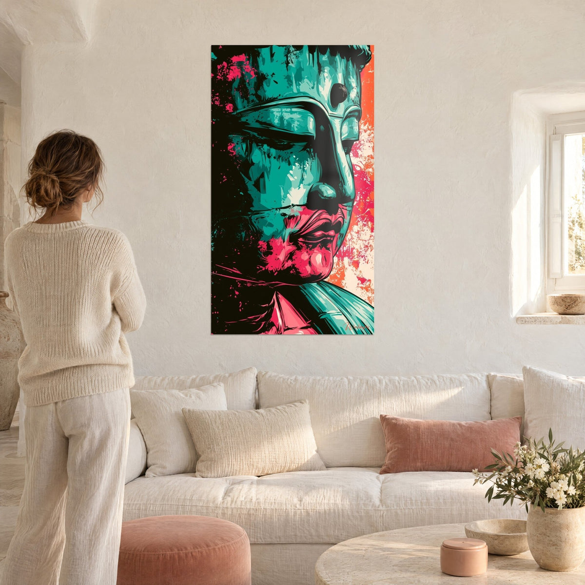 Wall art turquoise and pink Buddha face, ink splashes, coral orange background, above a sofa in a bright living room