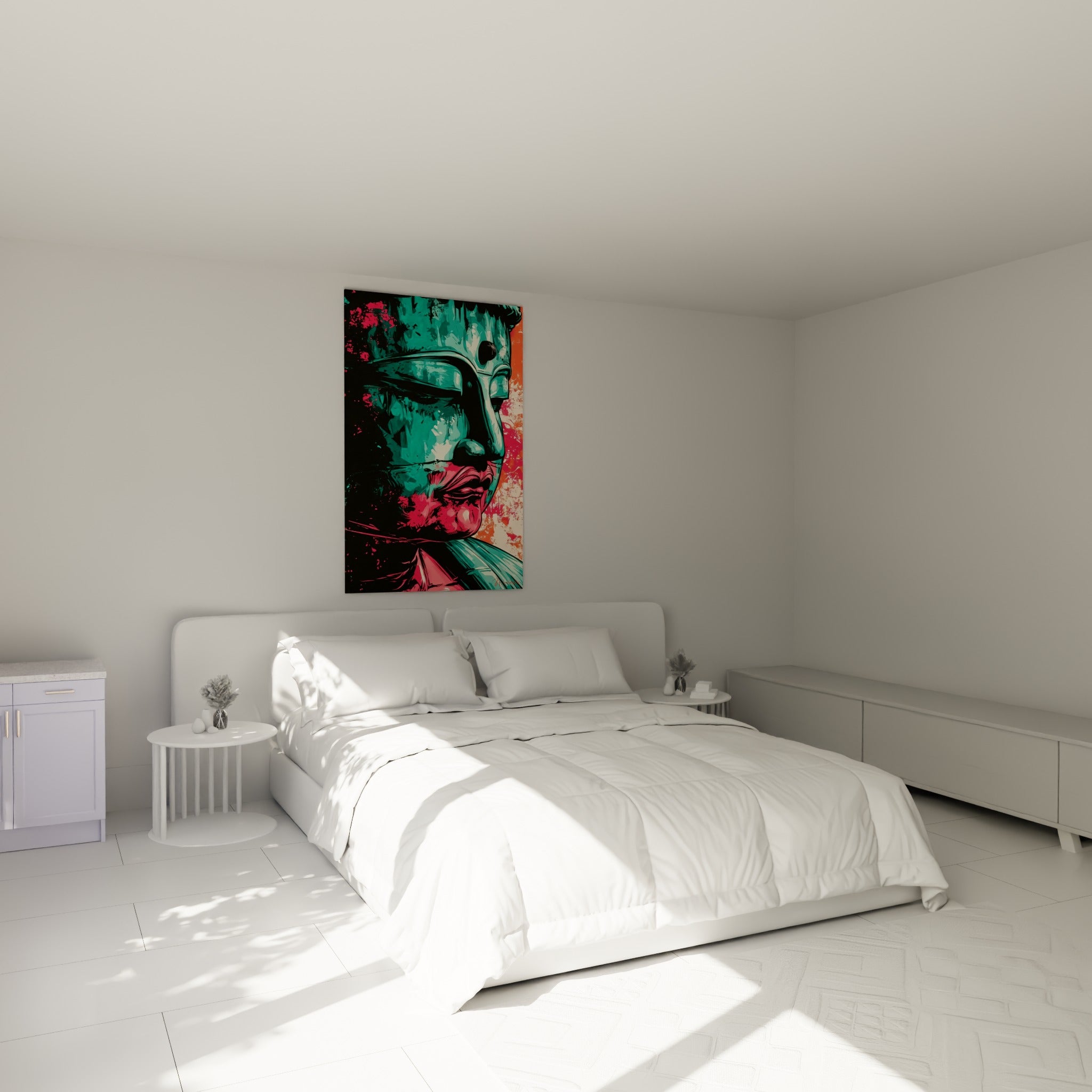 Visage de Bouddha turquoise et rose éclaboussé, accroché au-dessus d'un lit dans une chambre claire
