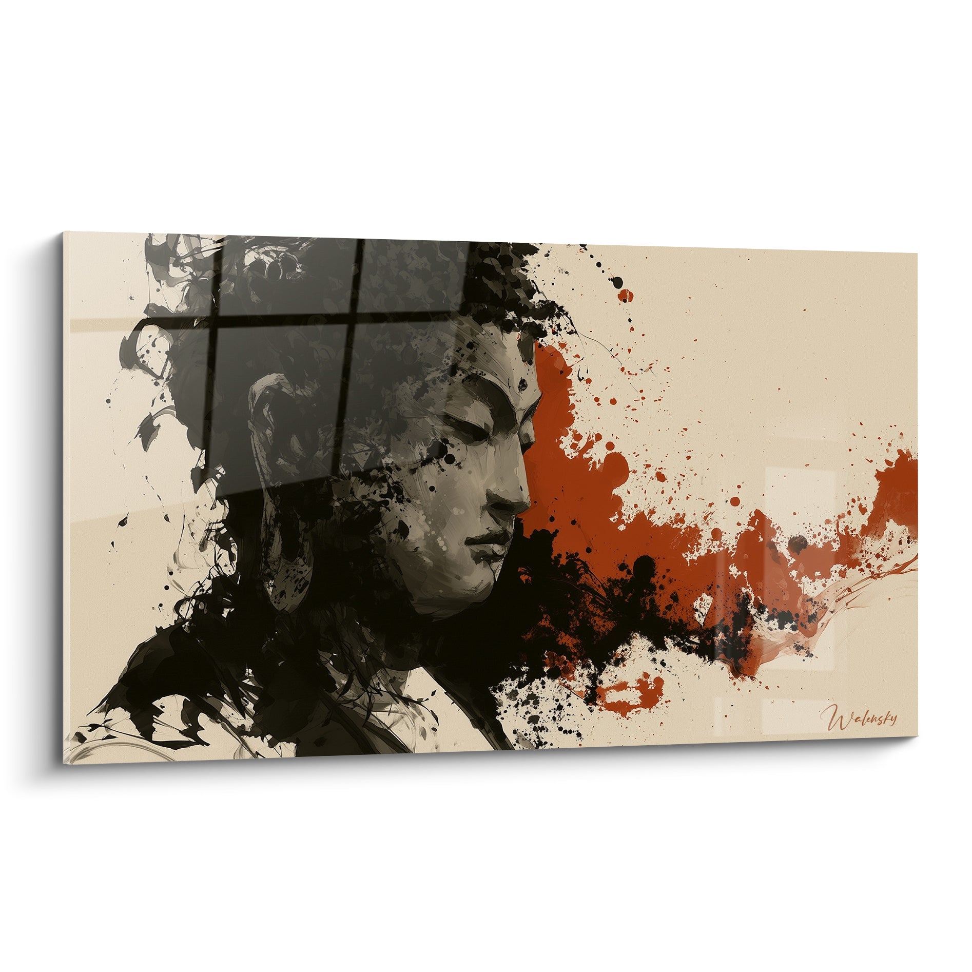 Visage de Bouddha en encre anthracite avec éclaboussures terracotta sur fond ivoire