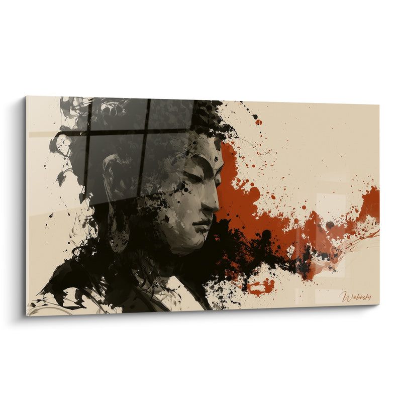 Tableau Visage noir et rouille aux éclaboussures d'encre - Grille vitrée superposée - Edition Bouddha