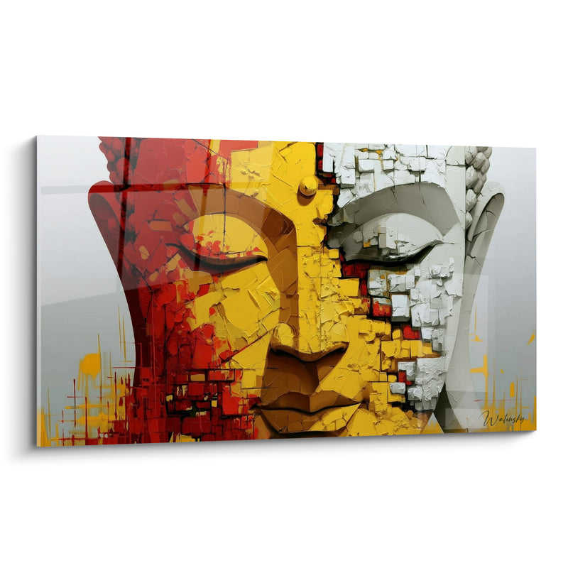 Tableau Visage rouge et jaune aux fragments de pierre grise - Mosaïque en éclats cubiques - Edition Bouddha