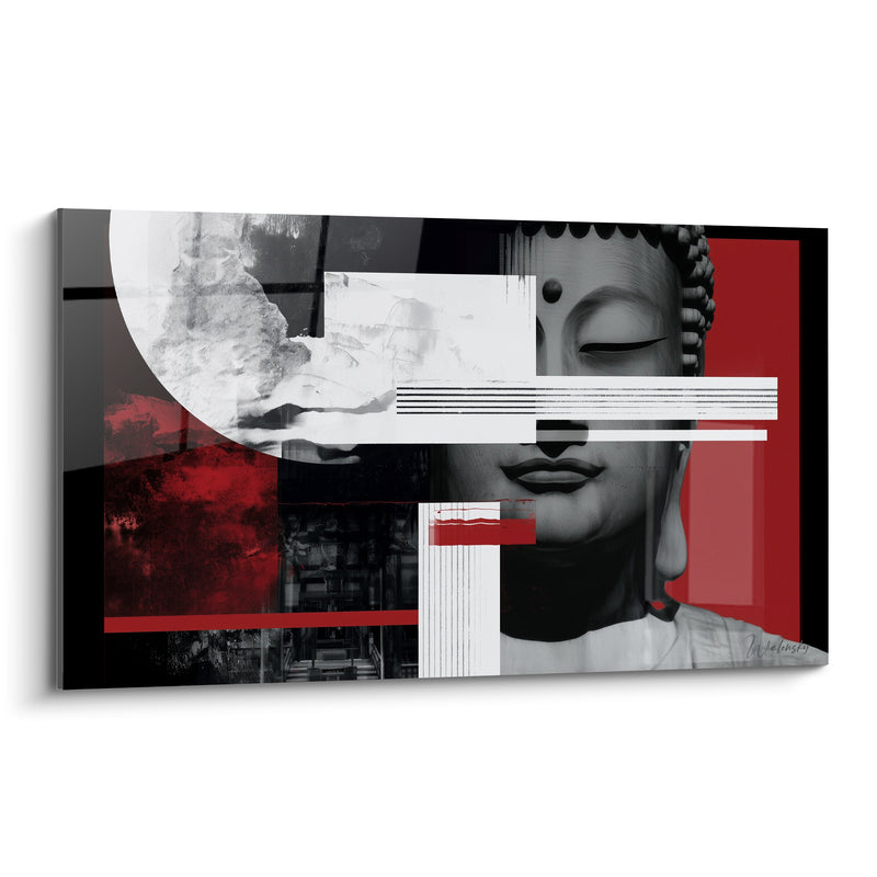 Tableau Visage gris et rouge aux blocs superposés - Collage architectural en arrière-plan - Edition Bouddha