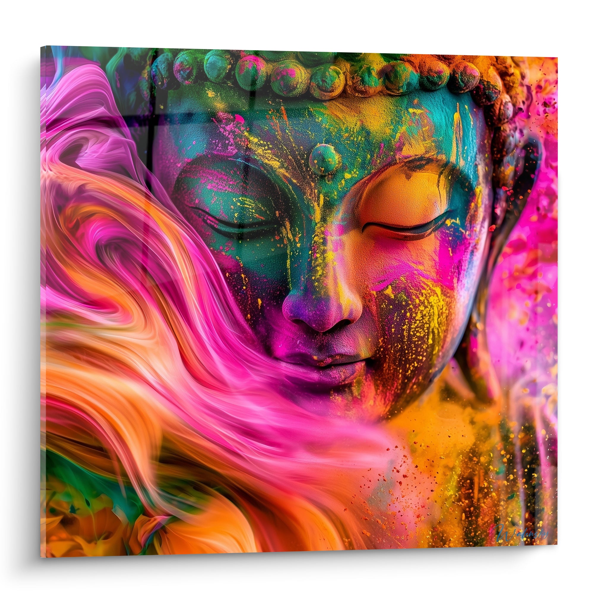 Bouddha au visage turquoise et fuchsia recouvert de pigments dorés et roses vaporeux